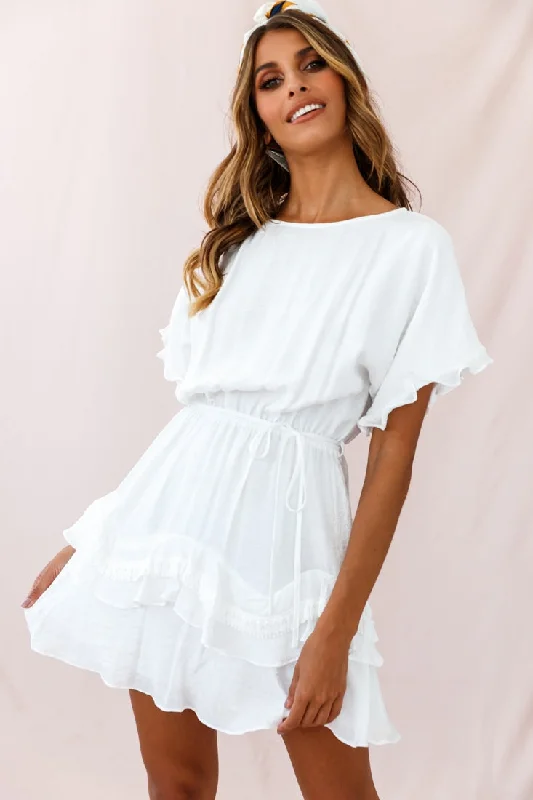 Mollina Frill Sleeve Tassel Hem Dress White