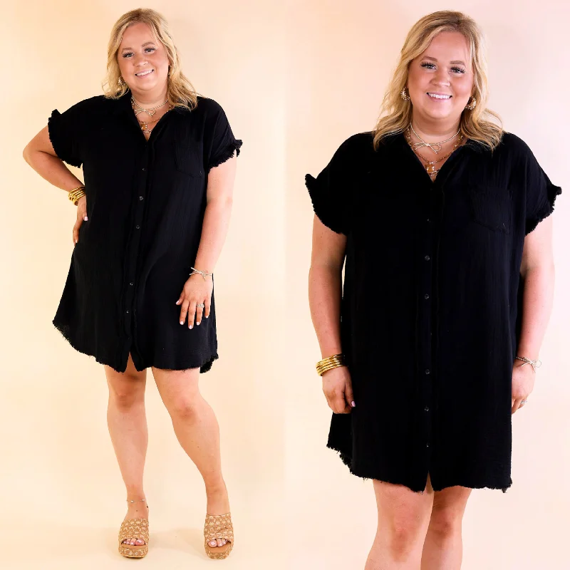 Spring Glow Button Up Raw Hem Dress in Black